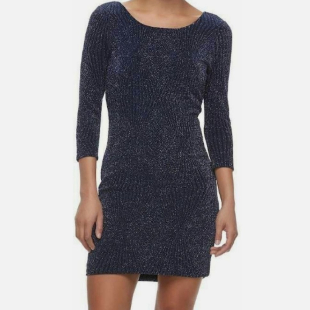 Three Pink Hearts Sparkle Glitter Navy Blue Open Back Bodycon Mini Party Dress